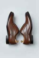 Brown leather classic derby shoes with lace-up design and polished finish.
